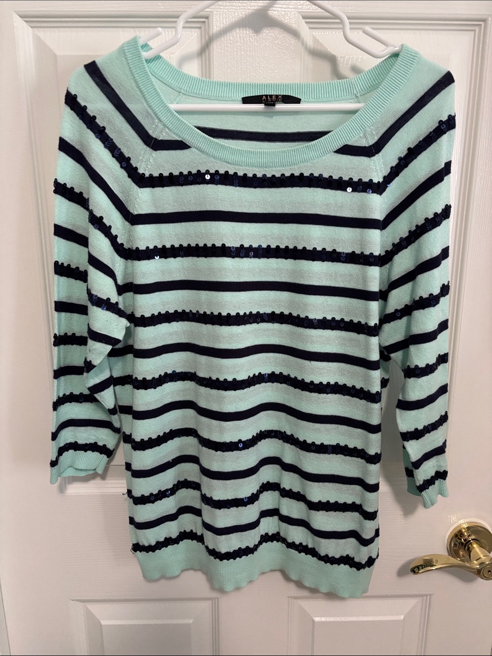 Alex Marie Mint & Navy Striped Scoopneck Sweater with Sequins